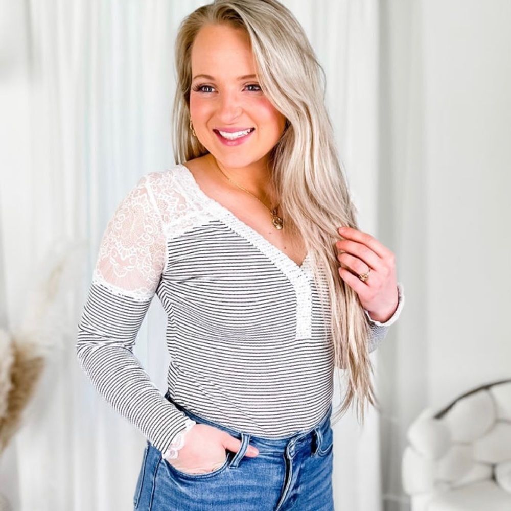 White Birch Striped Long Sleeve Bodysuit With Lace Detail Gray White XL